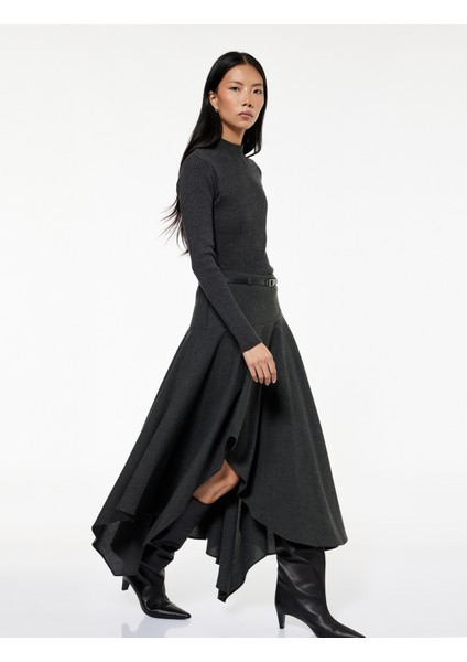 Asimetrik Uçlu Kemer Detaylı Volanlı Yün Karışımlı Kloş Midi Etek modelleri