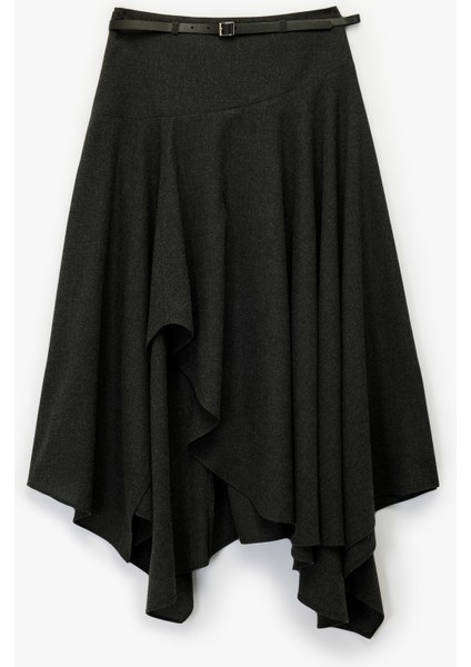 Asimetrik Uçlu Kemer Detaylı Volanlı Yün Karışımlı Kloş Midi Etek fırsatları