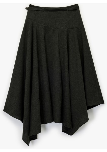 Asimetrik Uçlu Kemer Detaylı Volanlı Yün Karışımlı Kloş Midi Etek indirimleri