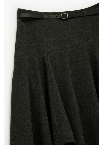 Asimetrik Uçlu Kemer Detaylı Volanlı Yün Karışımlı Kloş Midi Etek