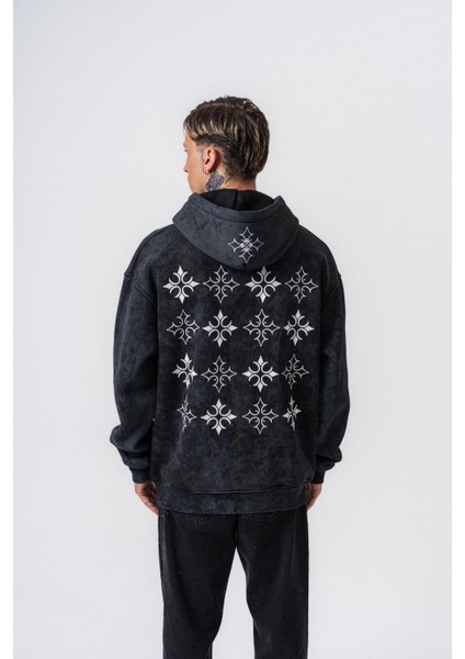 Erkek Muse Baskılı Yıkamalı Kapüşonlu Oversize Hoodie Siyah