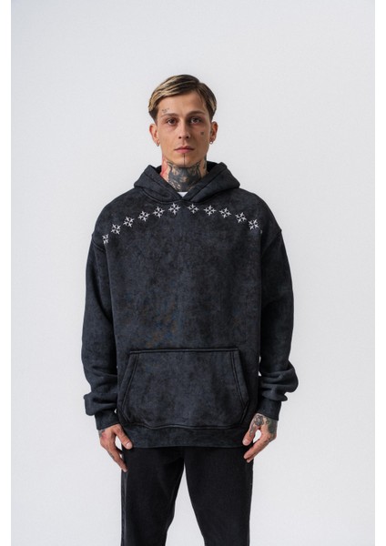 Erkek Muse Baskılı Yıkamalı Kapüşonlu Oversize Hoodie Siyah fiyatları