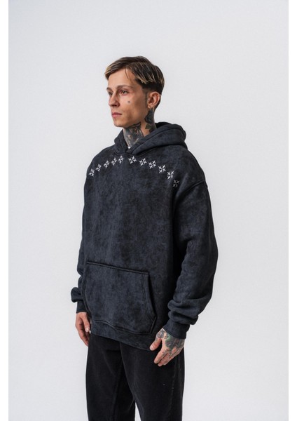 Erkek Muse Baskılı Yıkamalı Kapüşonlu Oversize Hoodie Siyah modelleri