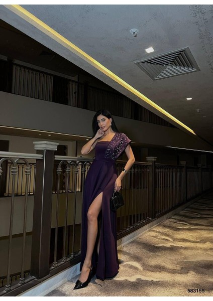 Tek Omuz Gece Elbisesi 583155 Mor