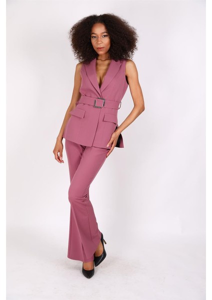 Kemerli Klasik Yelek & Ispanyol Paça Pantolon Takım-Rose
