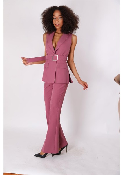 Kemerli Klasik Yelek & Ispanyol Paça Pantolon Takım-Rose fırsatları