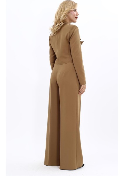 Gömlek Yaka Kısa Ceket & Korsaj Kemer Yüksek Bel Palazzo Pantolon-Camel fiyatları