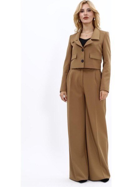 Gömlek Yaka Kısa Ceket & Korsaj Kemer Yüksek Bel Palazzo Pantolon-Camel modelleri