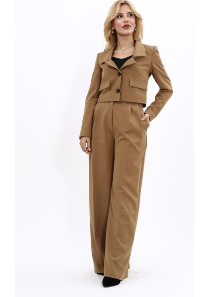 Gömlek Yaka Kısa Ceket & Korsaj Kemer Yüksek Bel Palazzo Pantolon-Camel fırsatları