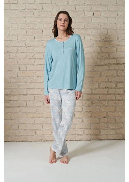 Pijadore 1722 Büyük Beden Kadın Düğmeli Uzun Kol Pijama Takım
