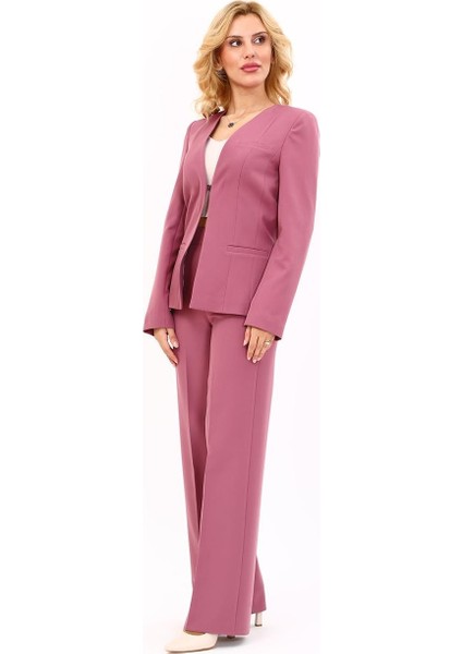V Yaka Boydan Kuplu Kılasik Ceket & Bol Paça Pantolon-Rose