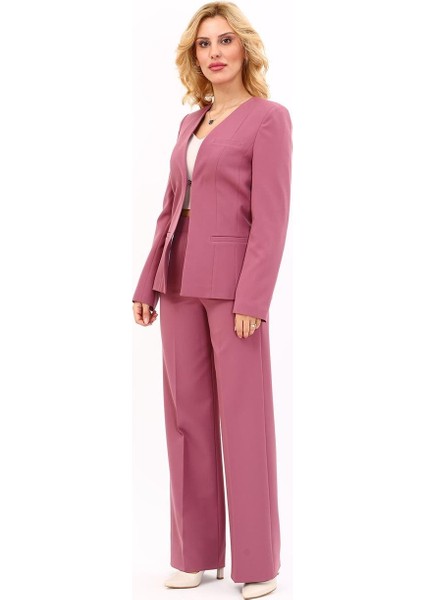 V Yaka Boydan Kuplu Kılasik Ceket & Bol Paça Pantolon-Rose fiyatları