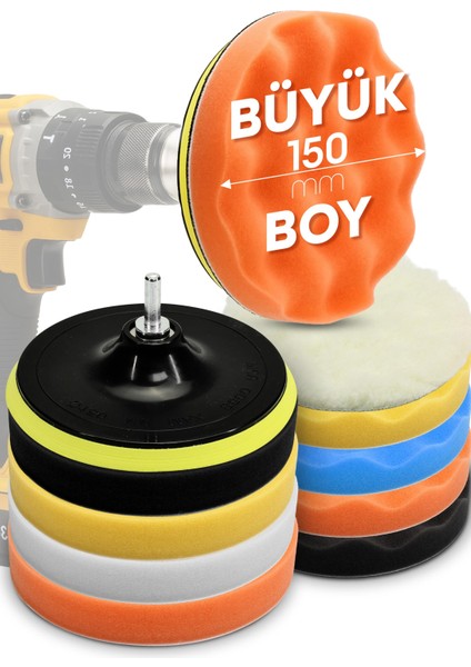 150MM | 11 Parça | Mega Boy Pasta Cila Elyaf Polisaj Süngeri | Matkap Uyumlu Parlatma Seti modelleri