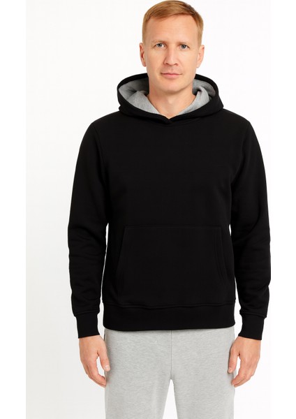 Unisex Campus Üç Iplik Kapüşonlu Önü Cepli Baskısız Pamuk Sweatshirt Siyah