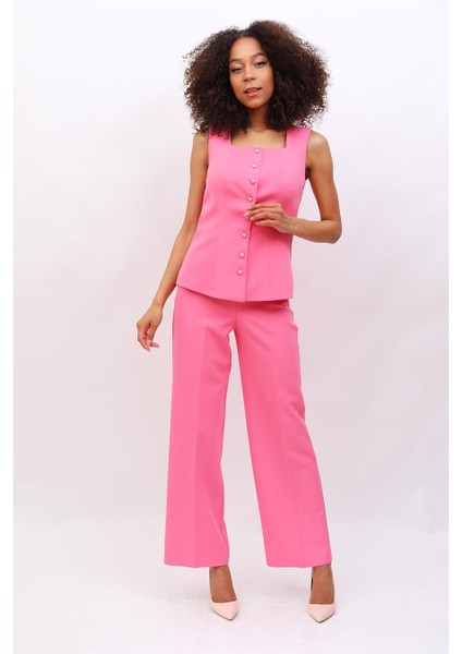 Boydan Düğmeli Yelek & Bol Paça Pantolon Takım-Pembe