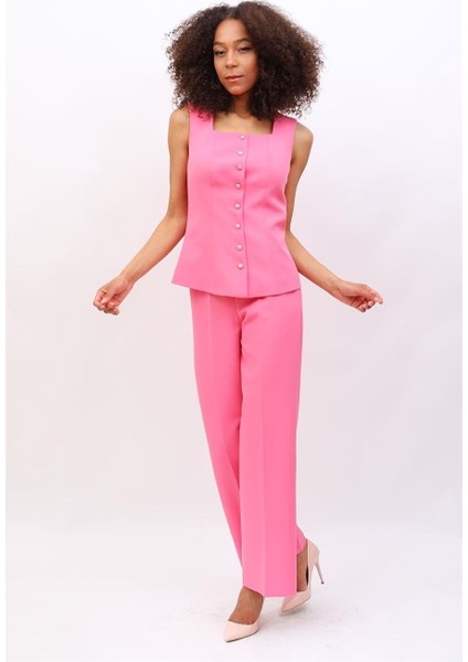 Boydan Düğmeli Yelek & Bol Paça Pantolon Takım-Pembe fiyatları