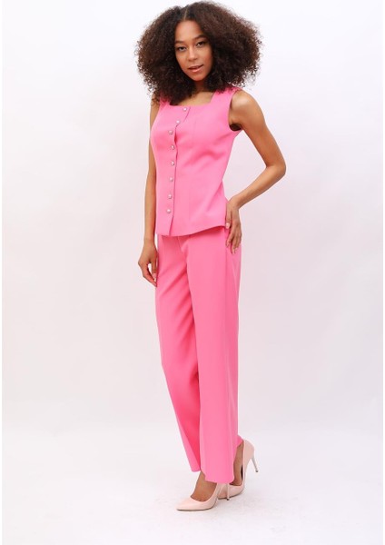 Boydan Düğmeli Yelek & Bol Paça Pantolon Takım-Pembe modelleri