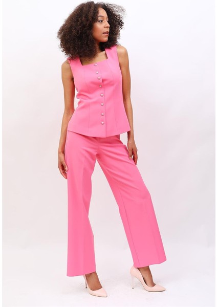Boydan Düğmeli Yelek & Bol Paça Pantolon Takım-Pembe indirimleri