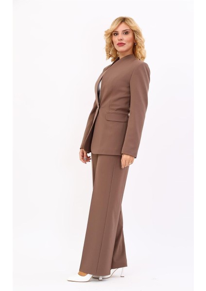 Kendinden Dik Yakalı Ceket & Bol Paça Pantolon-Kahve fiyatları