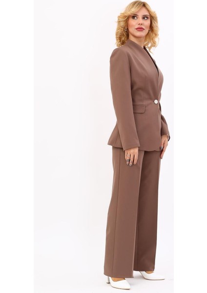 Kendinden Dik Yakalı Ceket & Bol Paça Pantolon-Kahve modelleri