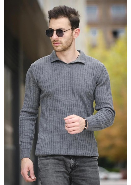 Ermanno Slim Fit Erkek Polo Yaka Fitilli Triko Kazak