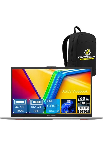 Vivobook 15 X1502VA-NJ870 I5-13420H 8gb Ram 512GB SSD 15.6" Fullhd W11 Pro Notebook + Okatech Çanta