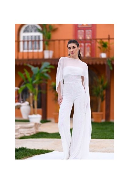 Beyaz Hologram Payetli Şifon Bluz Detaylı Tulum