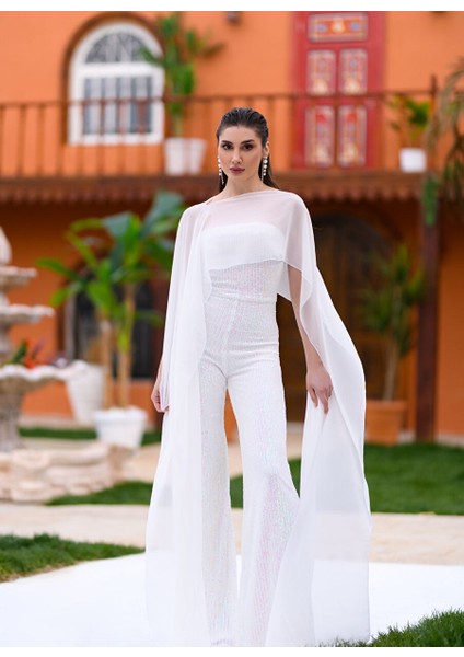 Beyaz Hologram Payetli Şifon Bluz Detaylı Tulum