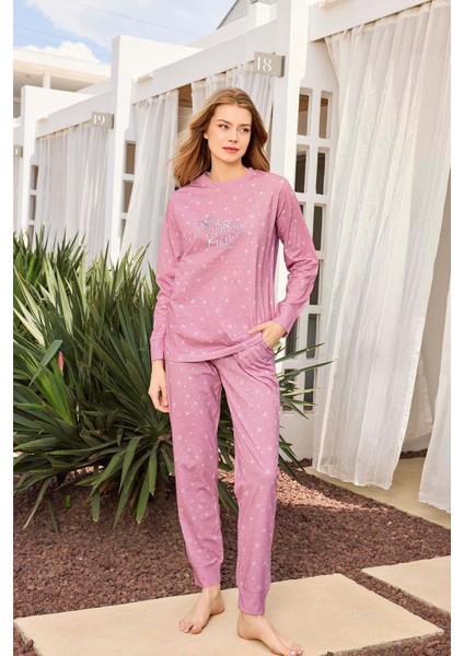 Kadın Lavin Ribana Manşetli Orta Pembe Koton Pijama Takım 0528