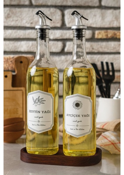 Ahşap Koyu Renk Standlı 2'li Yağ ve Sirke Şişesi 750 ml Yağlık Zeytinyağ Sıvıyağ Şişesi Şeffaf Cam