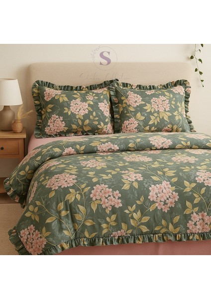Bahar Çiçekli Fırfırlı % 100 Pamuk Çift Kişilik Nevresim Takımı