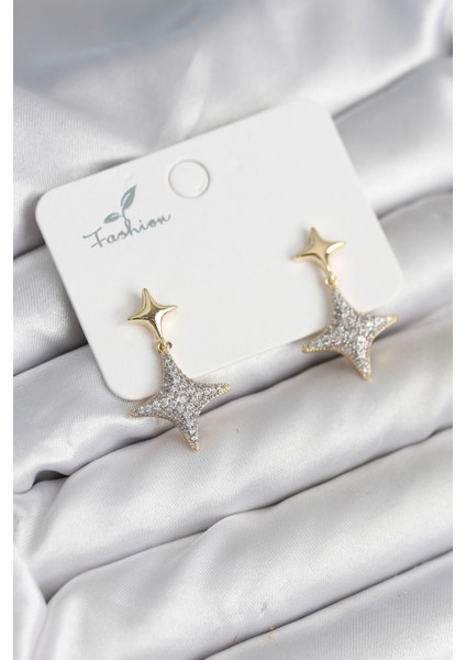 Kutup Yıldızı Pirinç Gold Renk Zirkon Taşlı Kadın Küpe