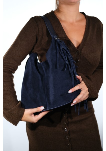 Vals Lacivert Süet Hakiki Deri Püsküllü Kadın Kol Çantası