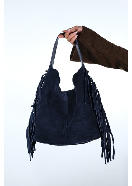 Vals Lacivert Süet Hakiki Deri Püsküllü Kadın Kol Çantası modelleri