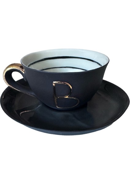 Special B Harfli Siyah Porselen Kahve Fincanı ve Tabağı