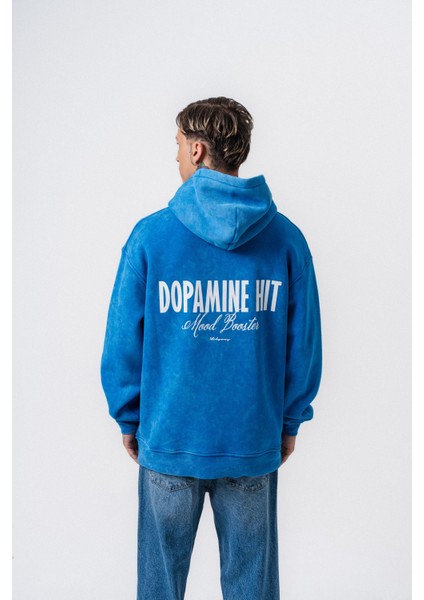 Erkek Dopamine Hit Baskılı Kapüşonlu Oversize Hoodie Mavi
