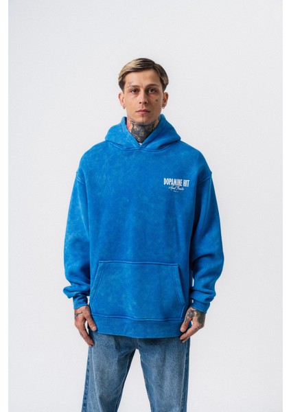 Erkek Dopamine Hit Baskılı Kapüşonlu Oversize Hoodie Mavi fiyatları