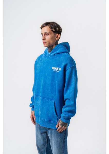 Erkek Dopamine Hit Baskılı Kapüşonlu Oversize Hoodie Mavi modelleri
