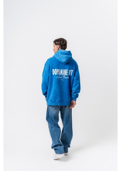 Erkek Dopamine Hit Baskılı Kapüşonlu Oversize Hoodie Mavi fırsatları