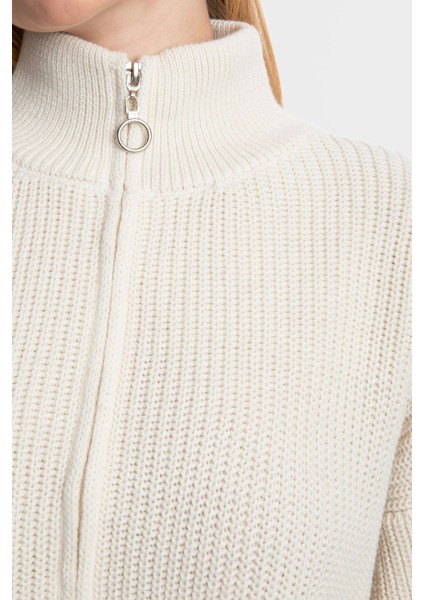 Kadın Fermuarlı Rahat Kesim Triko Hırka Krem Doğal