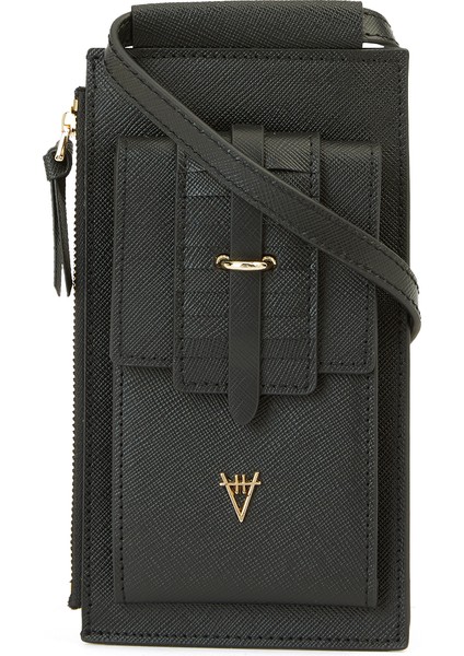 Siyah Logo Detaylı Kadın Deri Telefon Çantası