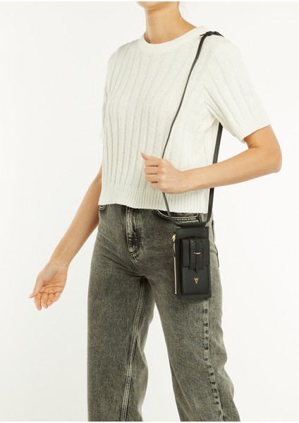 Siyah Logo Detaylı Kadın Deri Telefon Çantası fiyatları