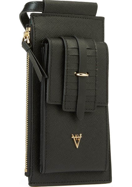 Siyah Logo Detaylı Kadın Deri Telefon Çantası modelleri