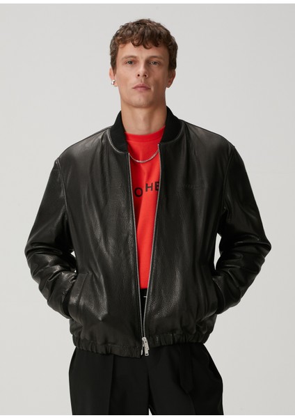 Siyah Deri Bomber Mont