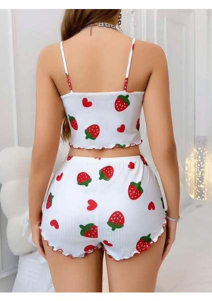 Kadın Beyaz Çilek Desenli Şortlu Pijama Takımı 5053 fiyatları