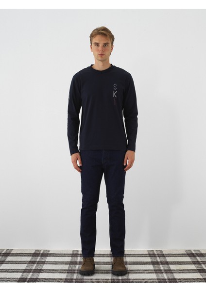 Erkek Lacivert Pamuk Dokulu Slim Fit Denim Pantolon