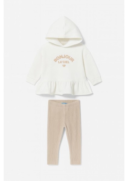 Kız Çocuk Kapüşonlu Eşofman Takımı – Bonjour Baskılı, Krem Üst ve Bej Tayt, Mevsimlik Rahat Kalıp| Kr Kids Boutique fiyatları