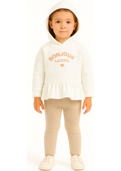 Kız Çocuk Kapüşonlu Eşofman Takımı – Bonjour Baskılı, Krem Üst ve Bej Tayt, Mevsimlik Rahat Kalıp| Kr Kids Boutique modelleri