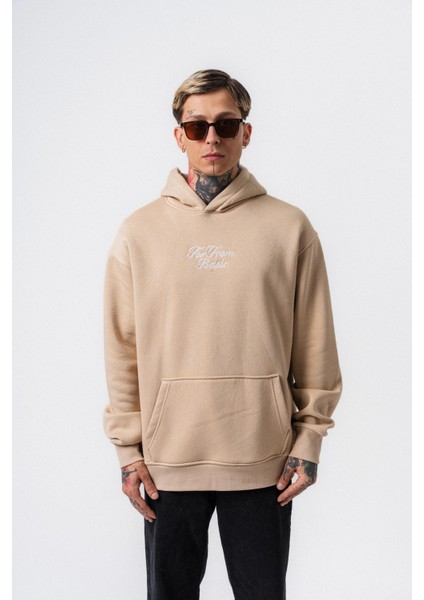 Erkek Far From Basic Nakışlı Kapüşonlu Oversize Hoodie Bej