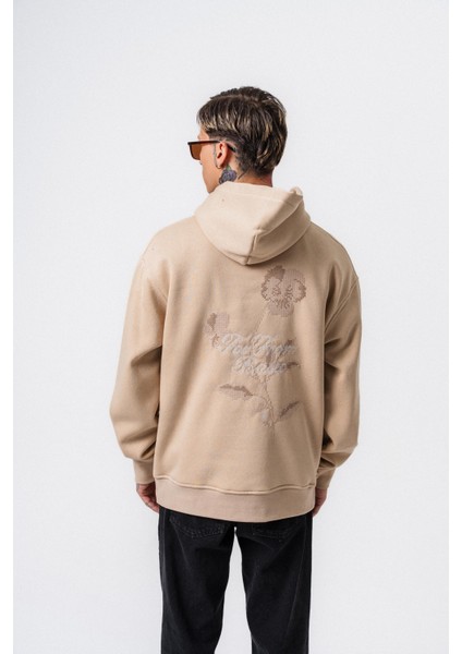 Erkek Far From Basic Nakışlı Kapüşonlu Oversize Hoodie Bej modelleri